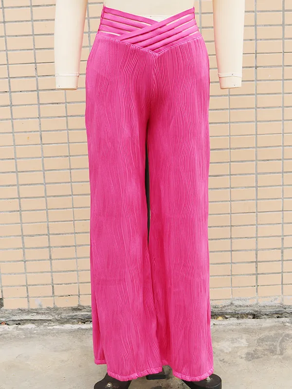 Loose Wide Leg Elasticity Hollow Pleated Solid Color Pants Trousers