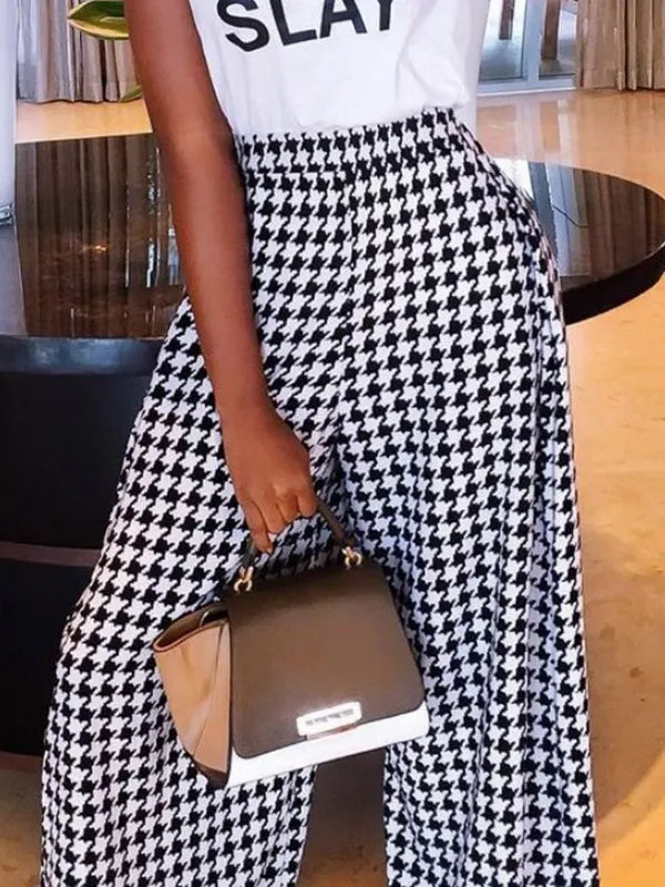 Loose Wide Leg Houndstooth Casual Pants Bottoms Trousers