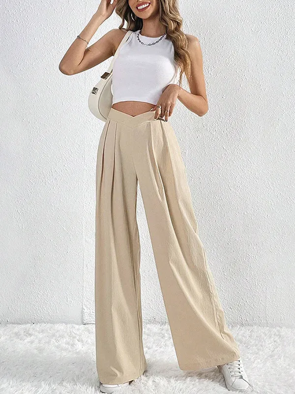 Loose Wide Leg Pleated Solid Color Pants Trousers