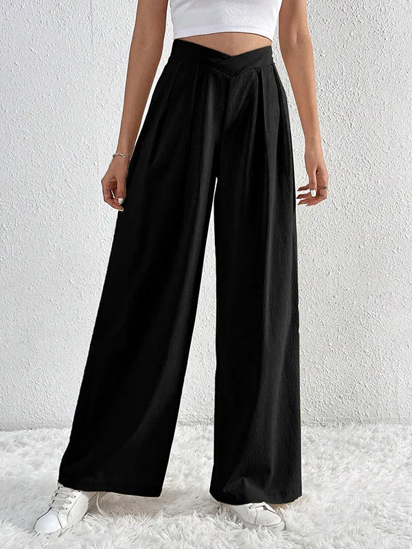 Loose Wide Leg Pleated Solid Color Pants Trousers