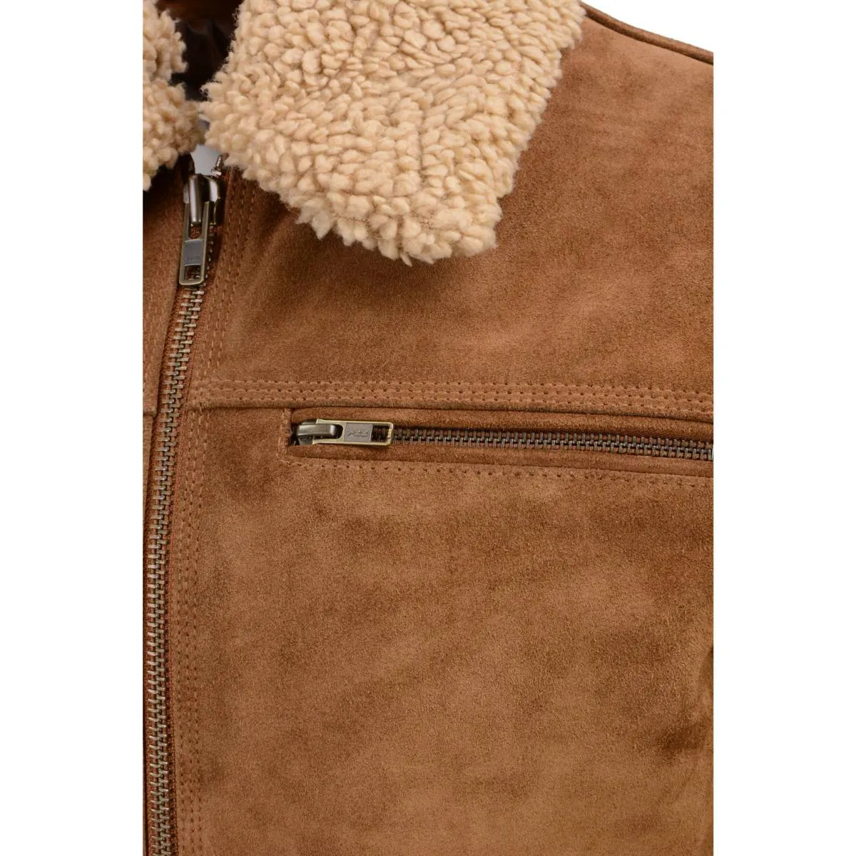 Men's Classic Beige Suede Leather Fashion Coat Jacket w/ Front Zipper Closure