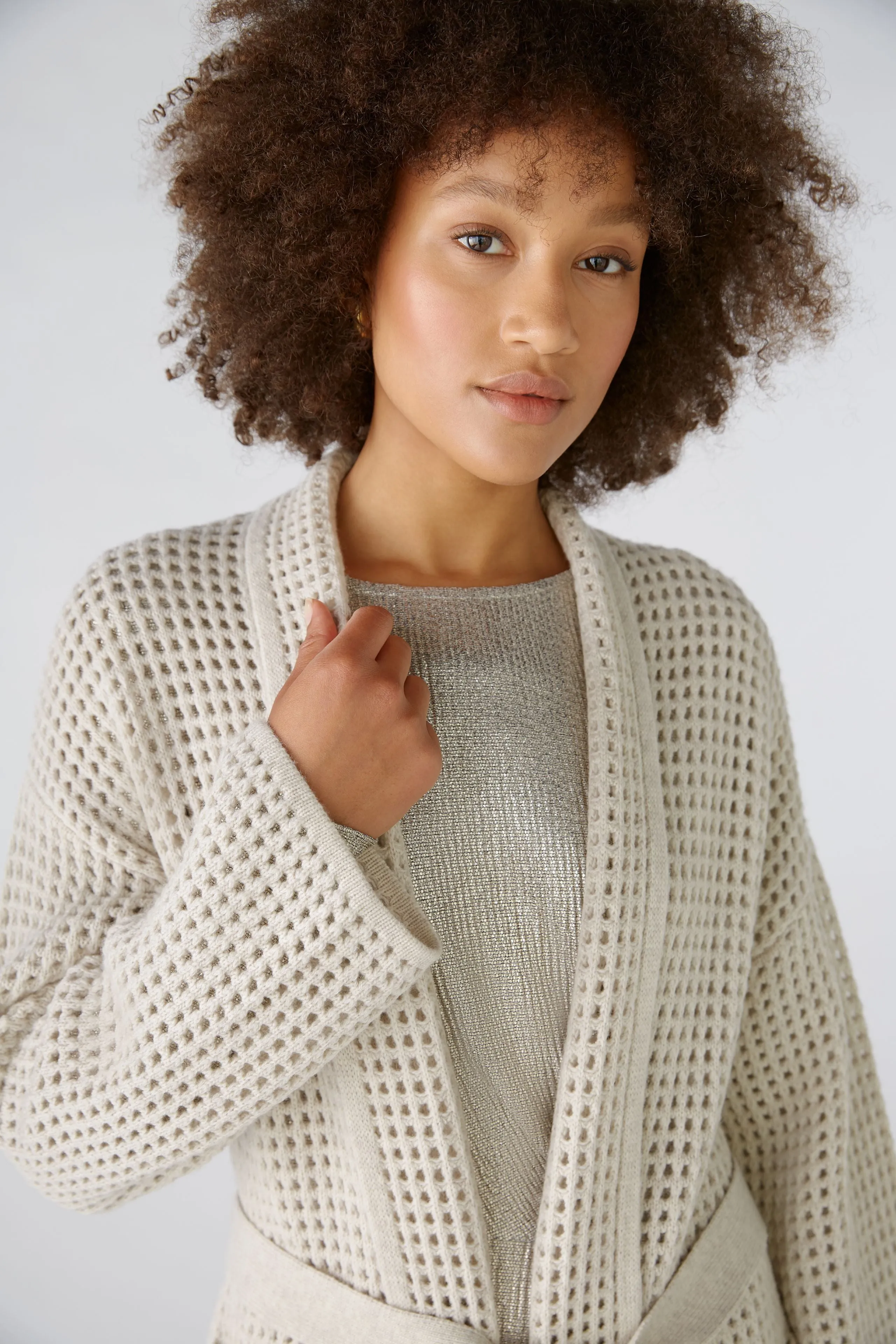 Mesh Look Knitted Coat in Off White