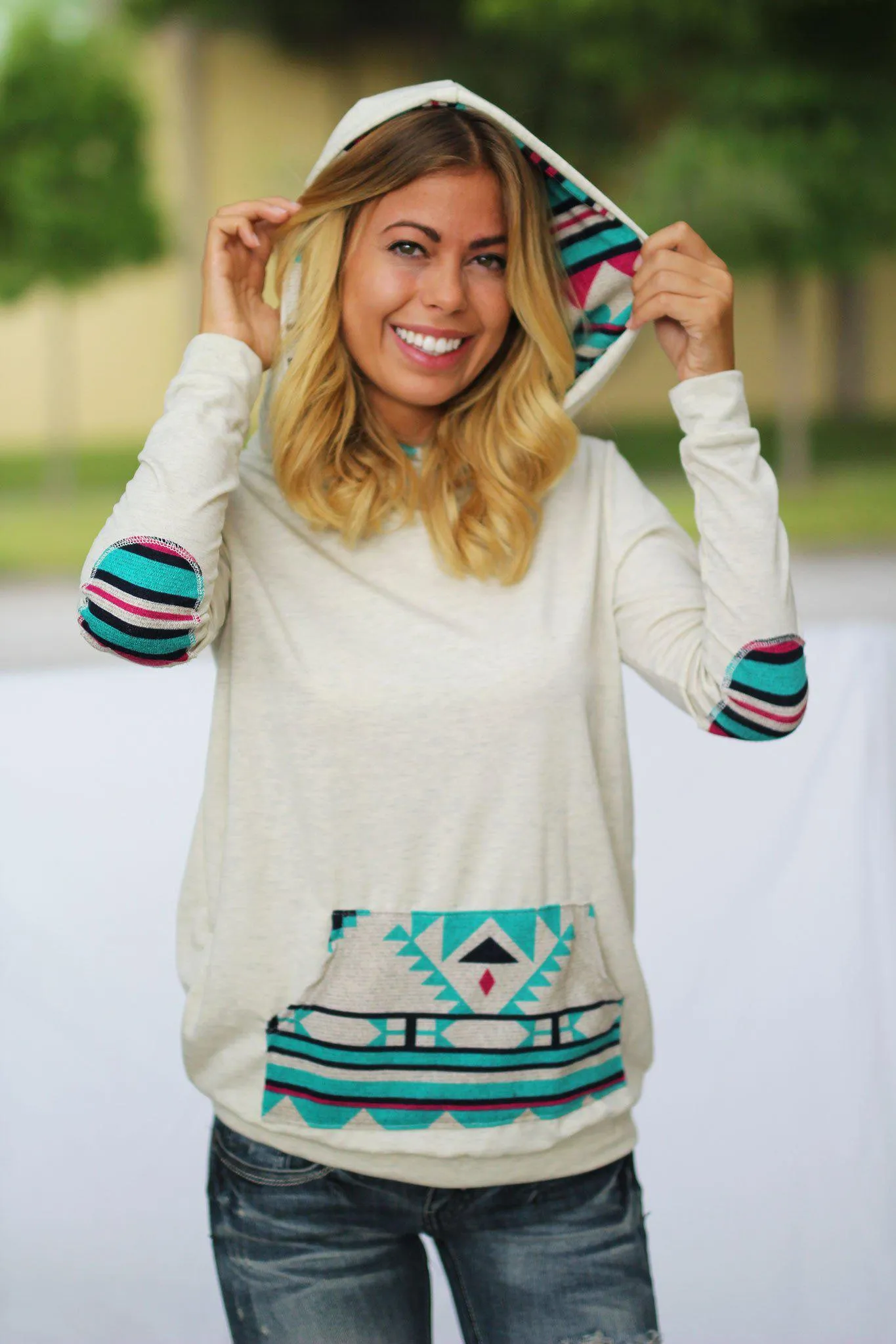 Mint and Pink Aztec Hoodie with Pocket