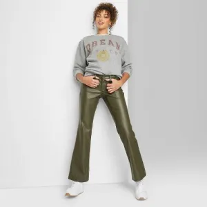 New - Women's Low-Rise Faux Leather Flare Pants - Wild Fable Olive Green 14