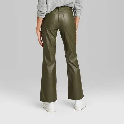 New - Women's Low-Rise Faux Leather Flare Pants - Wild Fable Olive Green 16