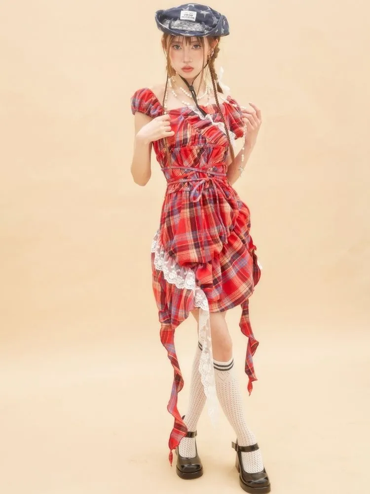 Off-the-shoulder plaid mini dress【s0000001880】