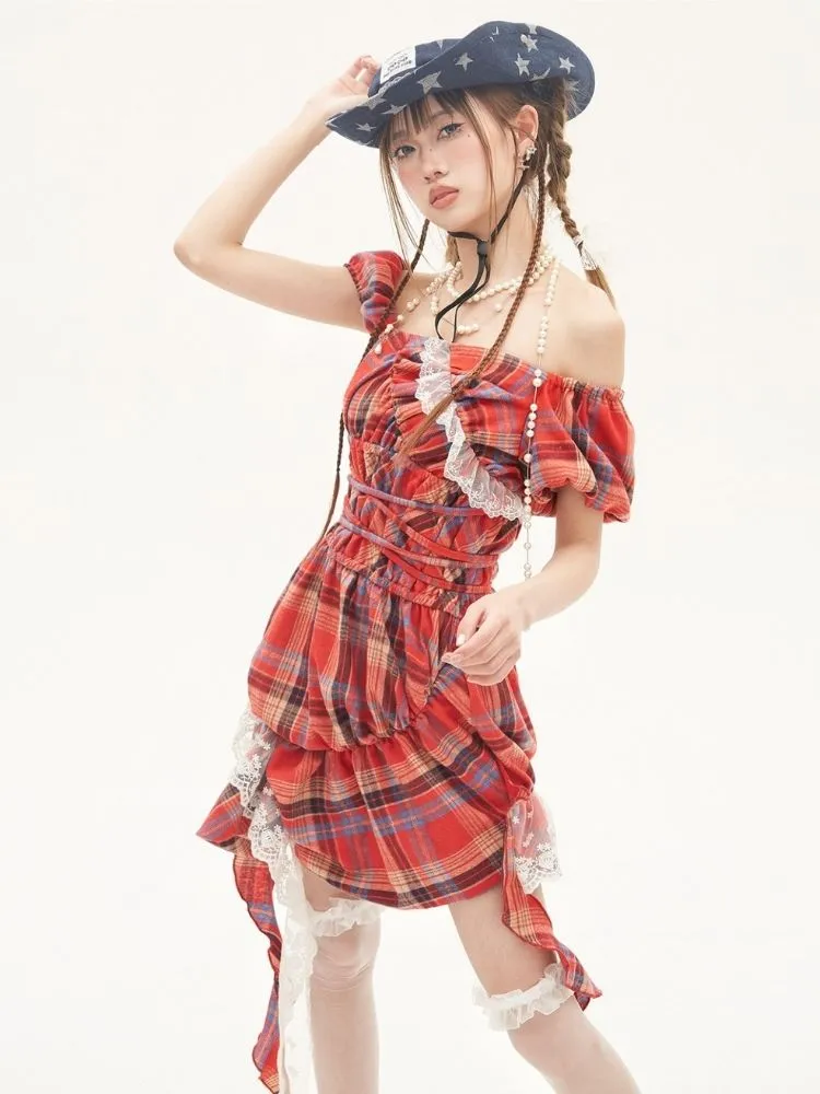 Off-the-shoulder plaid mini dress【s0000001880】