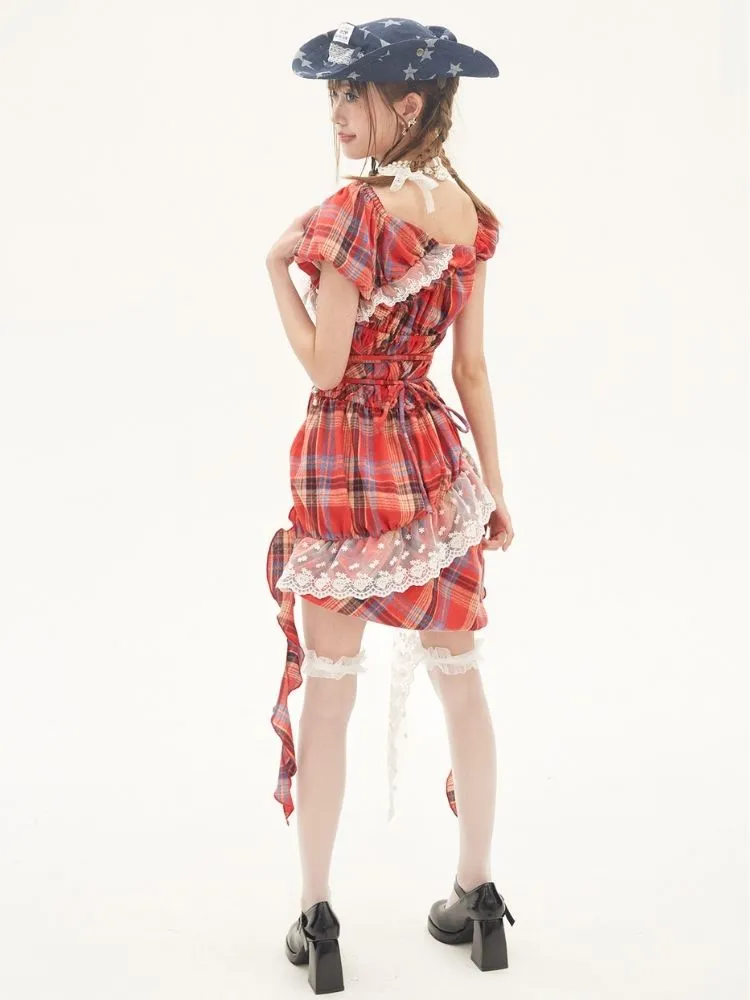 Off-the-shoulder plaid mini dress【s0000001880】