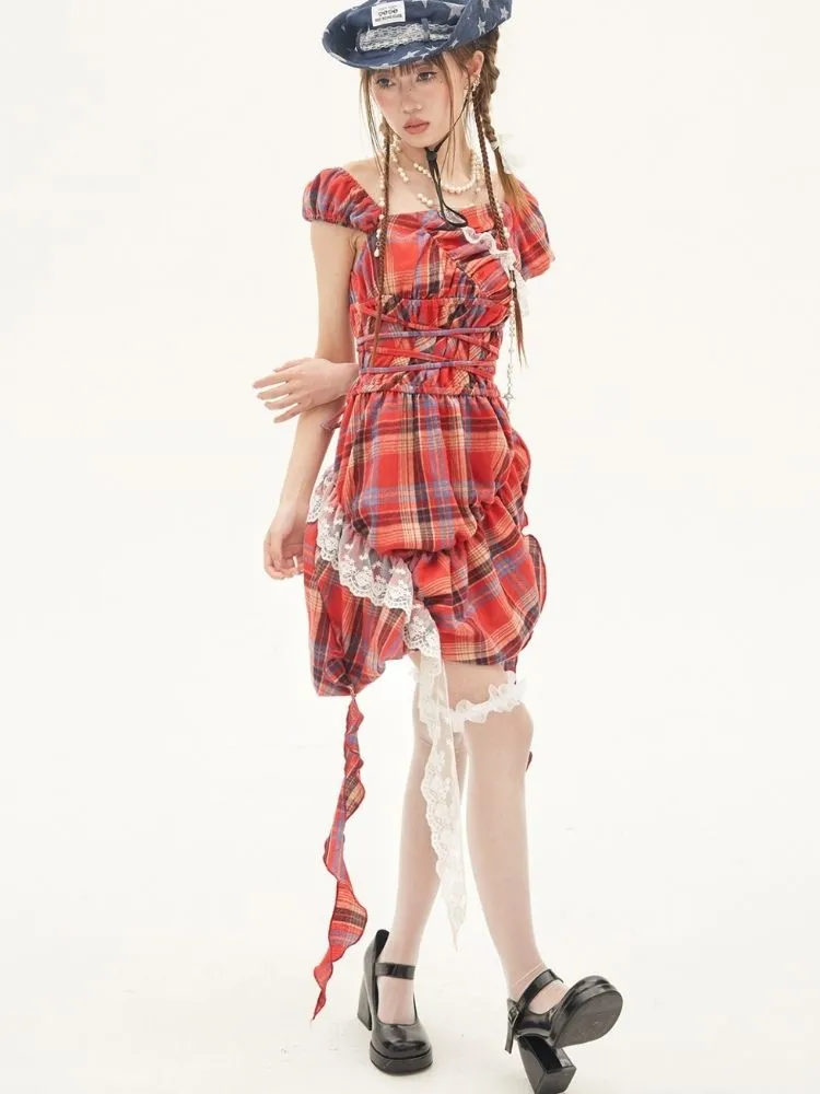 Off-the-shoulder plaid mini dress【s0000001880】