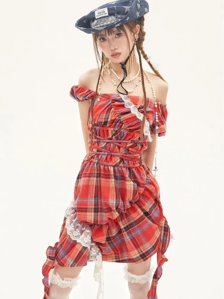 Off-the-shoulder plaid mini dress【s0000001880】