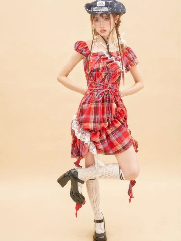 Off-the-shoulder plaid mini dress【s0000001880】