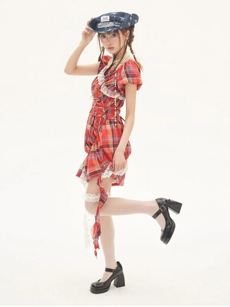 Off-the-shoulder plaid mini dress【s0000001880】