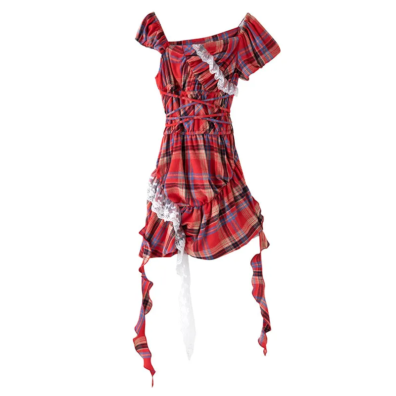 Off-the-shoulder plaid mini dress【s0000001880】