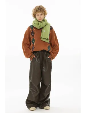 Oil leather custom parachute loose wide leg pants