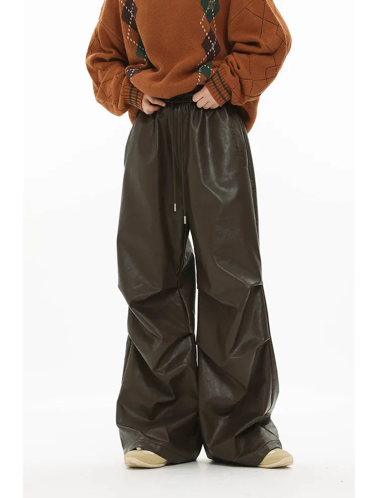 Oil leather custom parachute loose wide leg pants