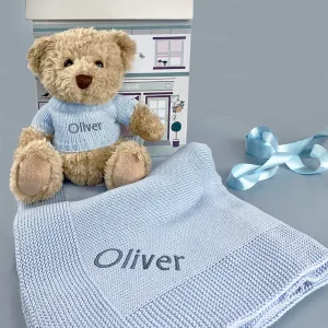 Personalised Bertie Bear with Blanket, Blue