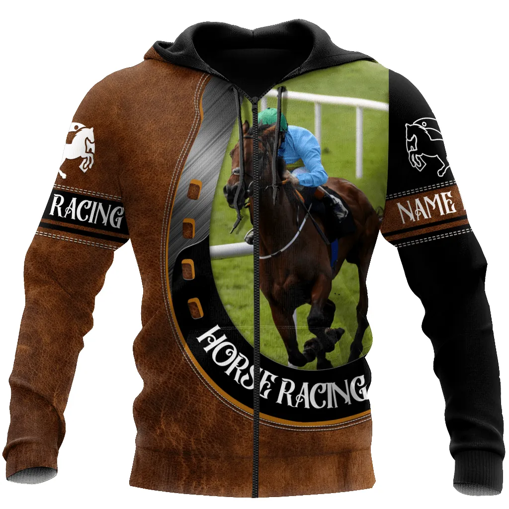 Personalized Name and Photo Horse Racing Sweatshirt Zip Hoodie Shirts, Idea Gift for Horse Racing Men Women