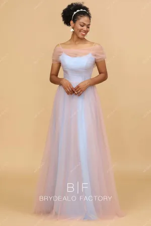 Pink Tulle Blue Off Shoulder Floor Length Dress