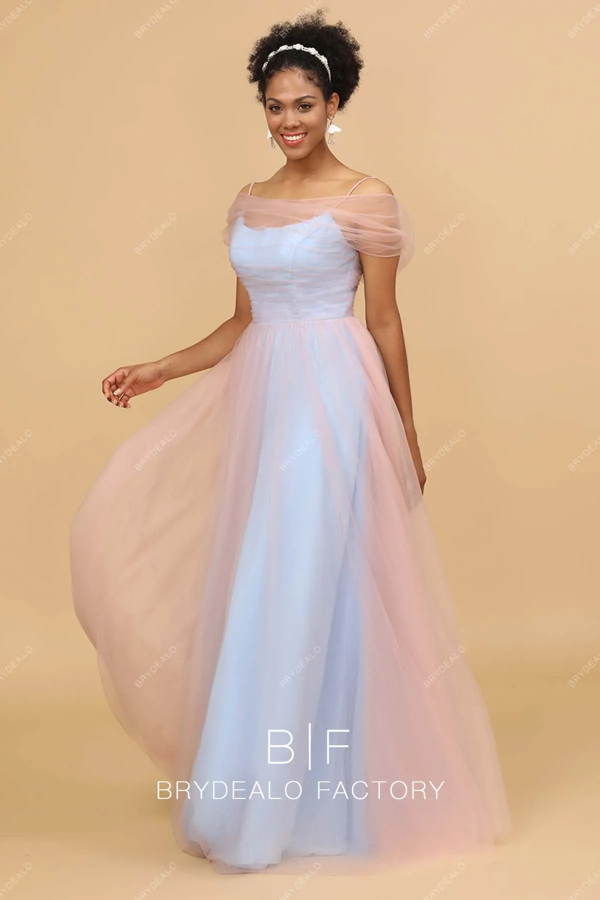 Pink Tulle Blue Off Shoulder Floor Length Dress