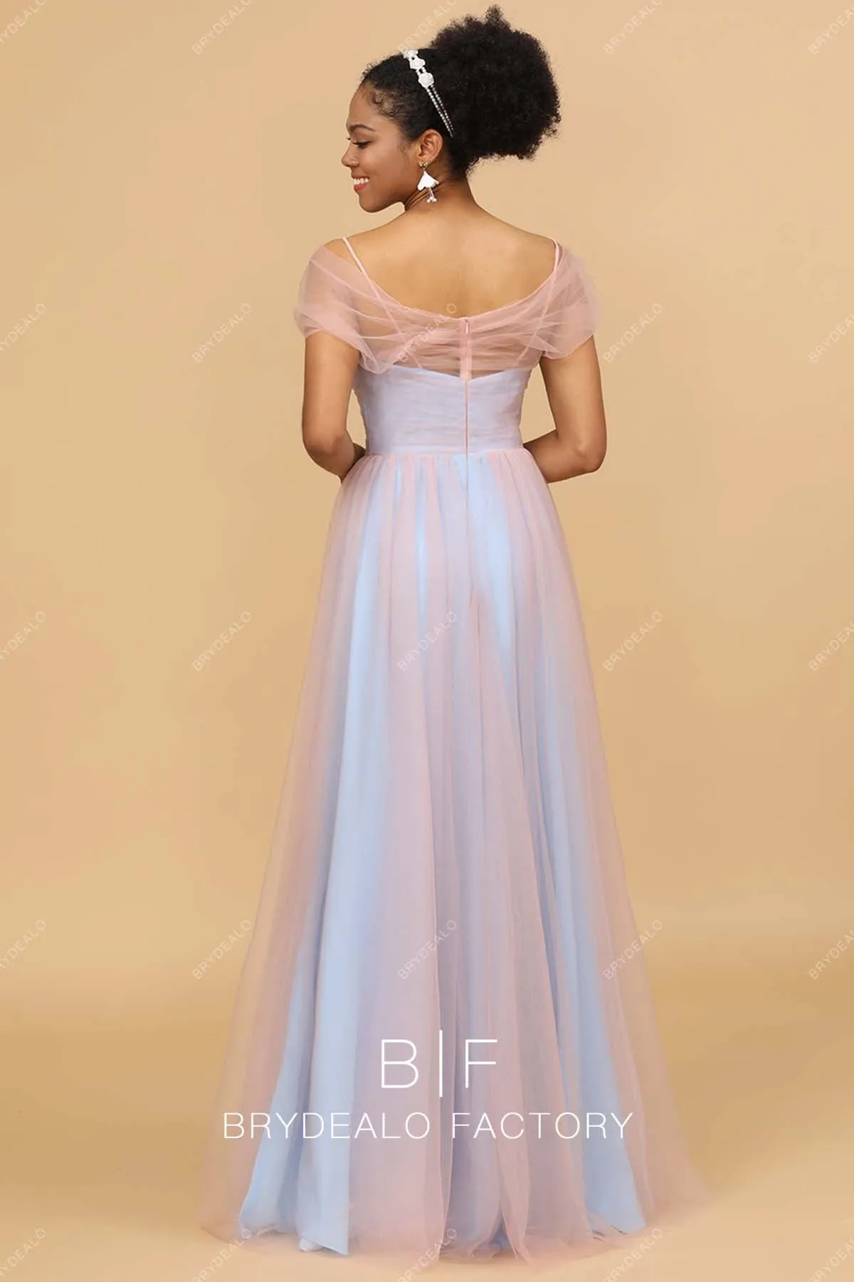 Pink Tulle Blue Off Shoulder Floor Length Dress