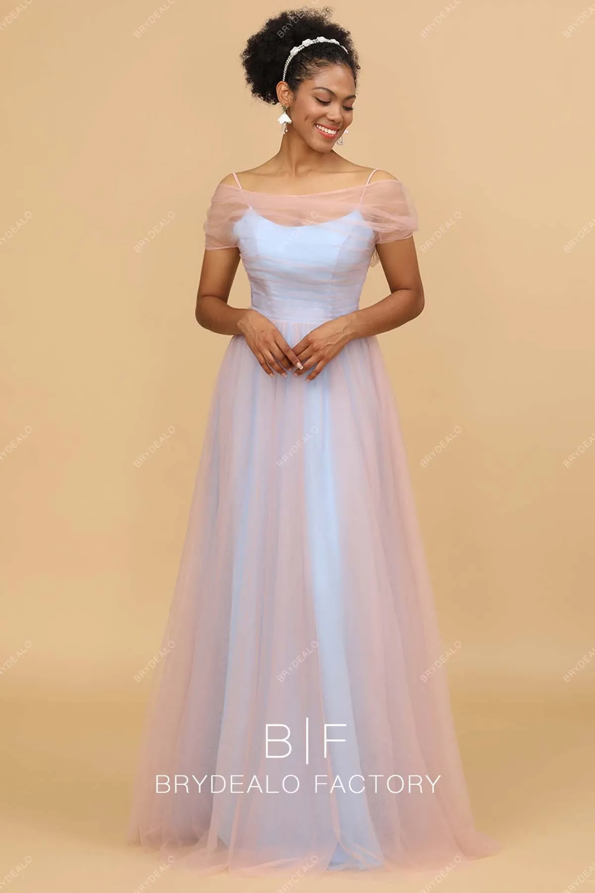 Pink Tulle Blue Off Shoulder Floor Length Dress