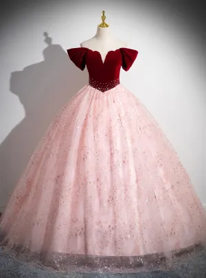 Pink Tulle Sequins Burgundy Velvet Off the Shoulder Quinceanera Dress