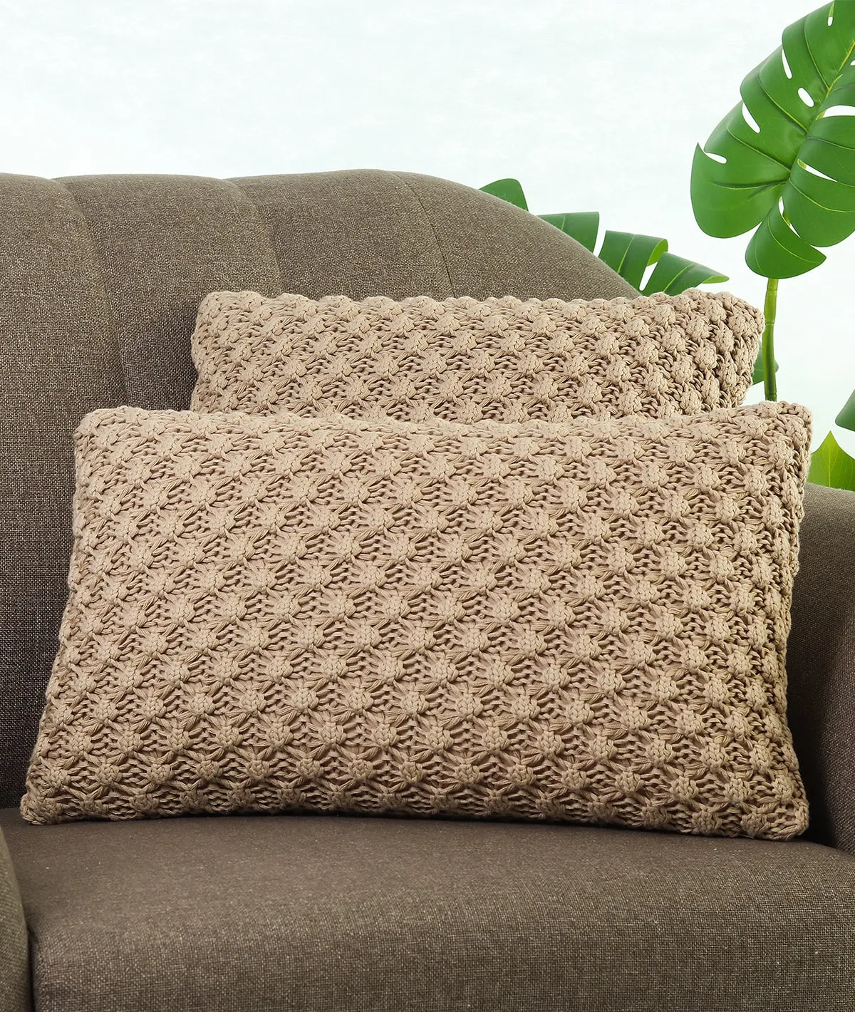 Popcorn Knit Light Beige Melange Cotton Knitted Decorative 16 X 16 Inches Cushion Cover