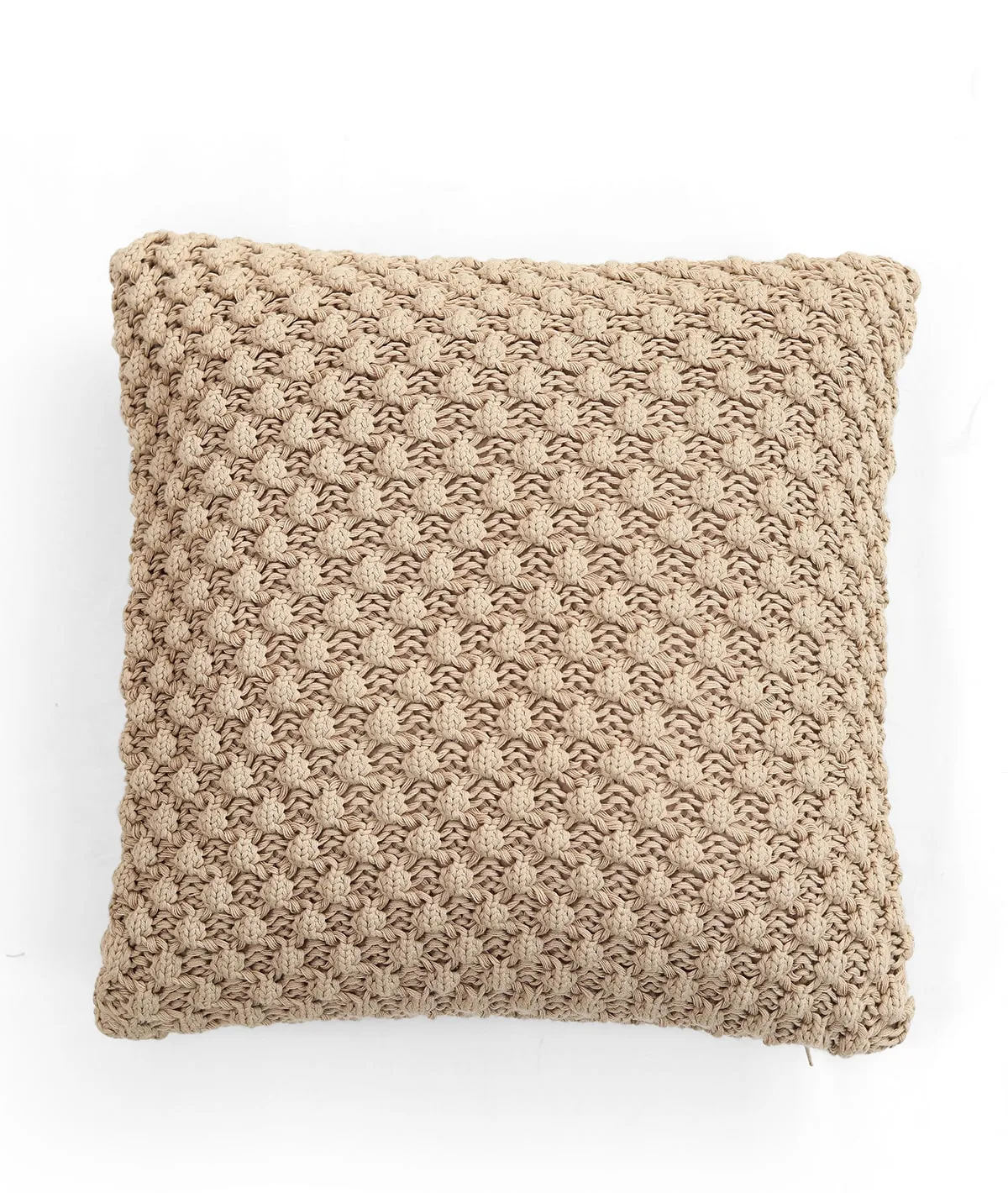 Popcorn Knit Light Beige Melange Cotton Knitted Decorative 16 X 16 Inches Cushion Cover