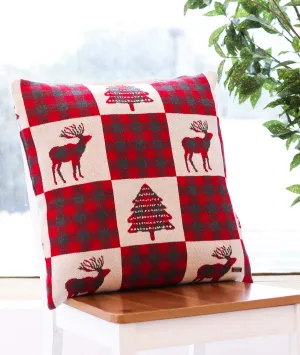 Reindeer & Tree Cotton Knitted Decorative Red & Natural Color 20 x 20 Inches Cushion Cover