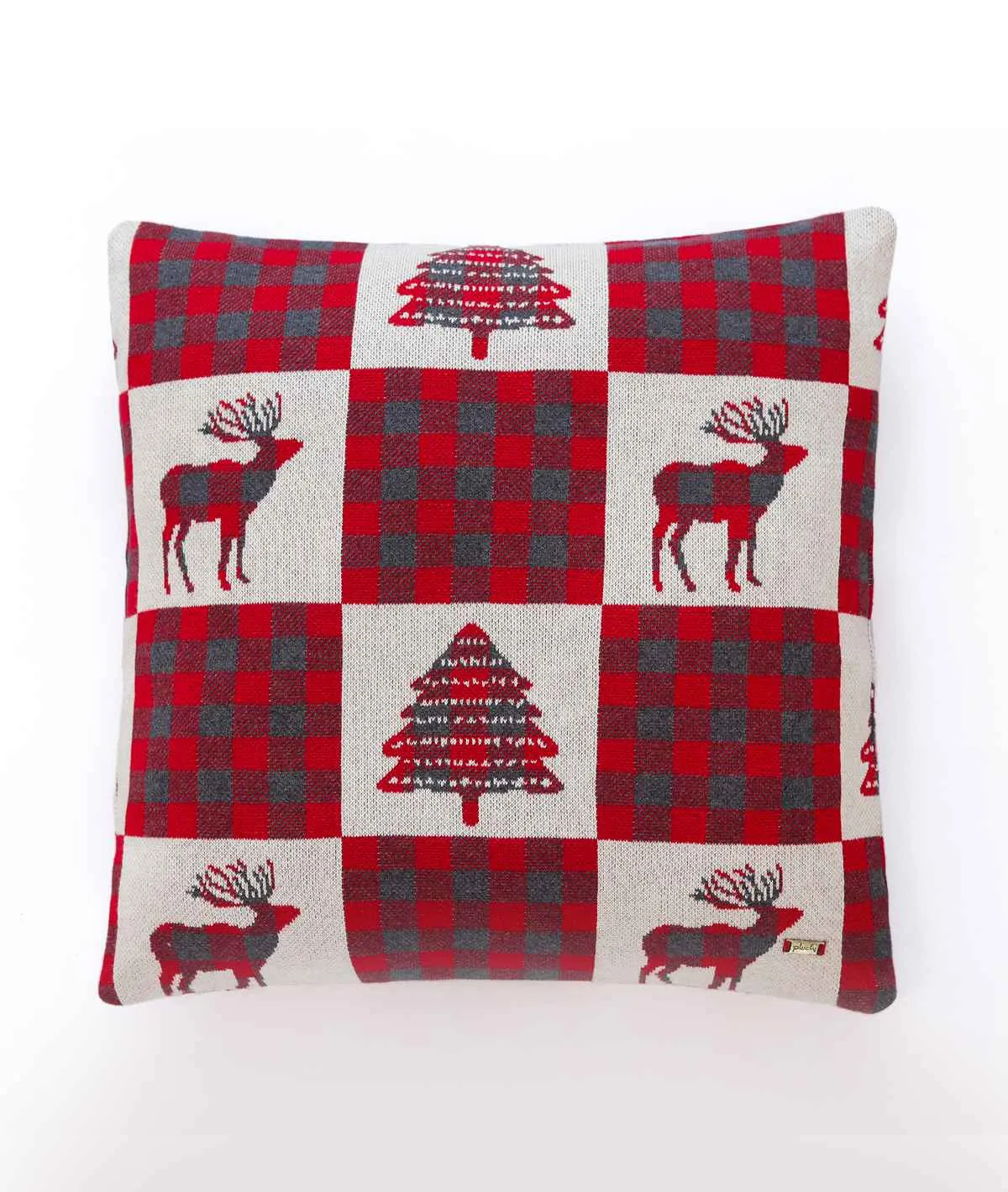 Reindeer & Tree Cotton Knitted Decorative Red & Natural Color 20 x 20 Inches Cushion Cover