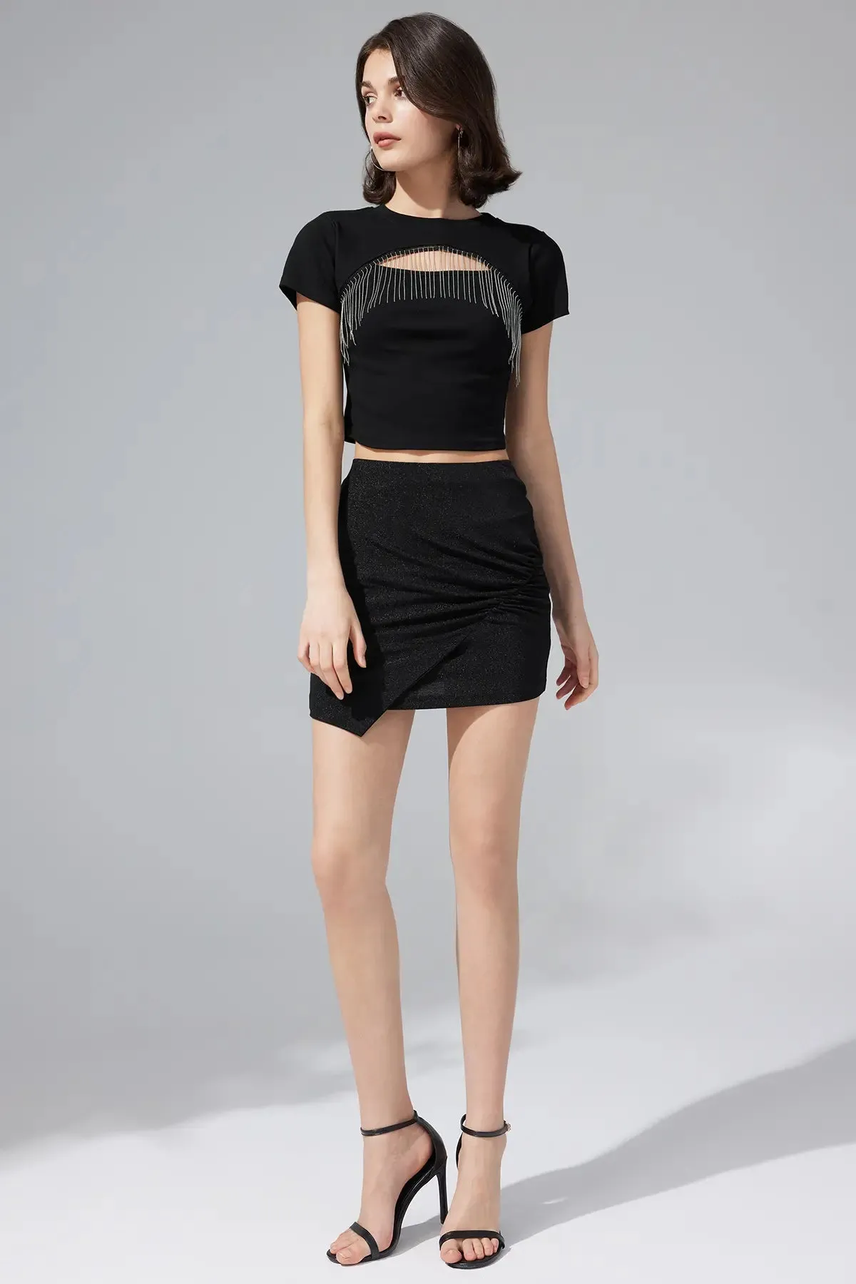 Ruched Asymmetrical Bodycon Mini Skirt