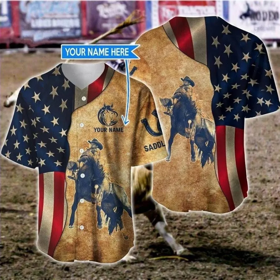 Saddle Bronc Line Flag American Personalized Baseball Jersey