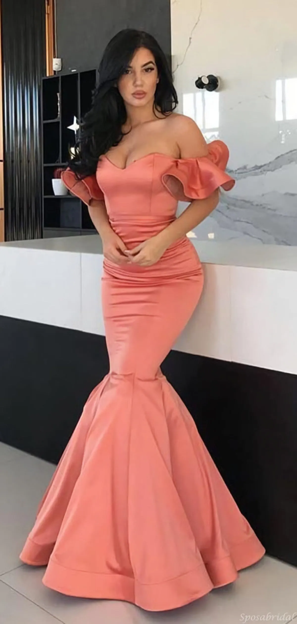 Sexy Coral Pink Sweetheart Off-Shoulder Mermaid Trumpet Long Prom Dress