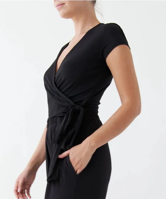 S.K. Cap Sleeve Bamboo Wrap Top | Black