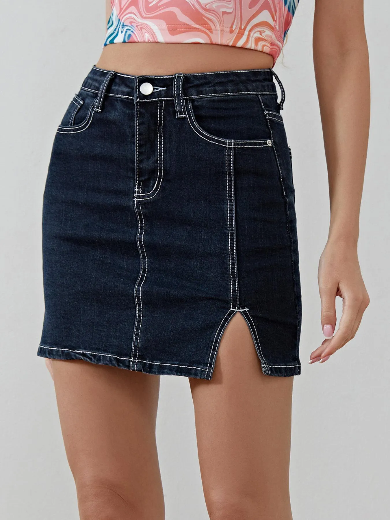 Split Pocket Bodycon Denim Skirt