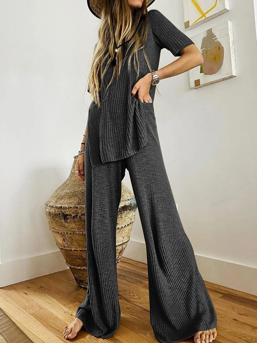 Spring Autumn Comfortable Short Sleeve Top Trouser Suits for Women