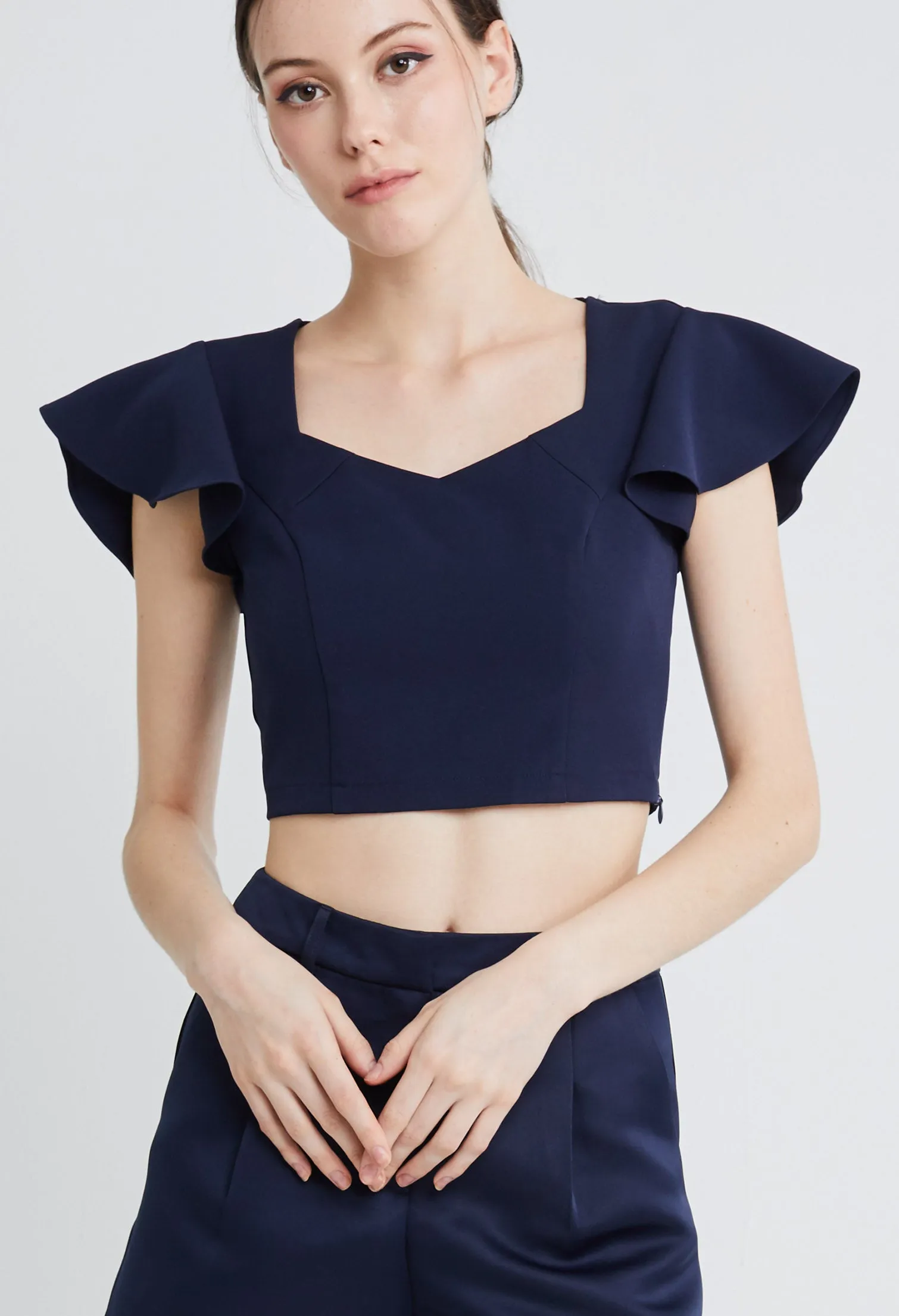 Tailored Petal Flutter Sleeves Cropped Top