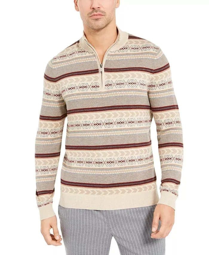 Tasso Elba Men's Striped Quarter Zip Sweater Beige khaki Size XX-Large