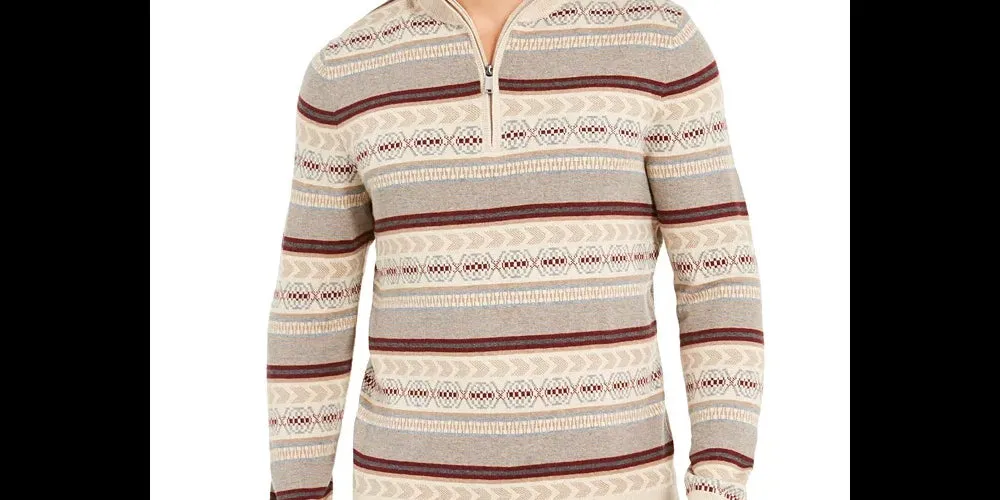 Tasso Elba Men's Striped Quarter Zip Sweater Beige khaki Size XX-Large