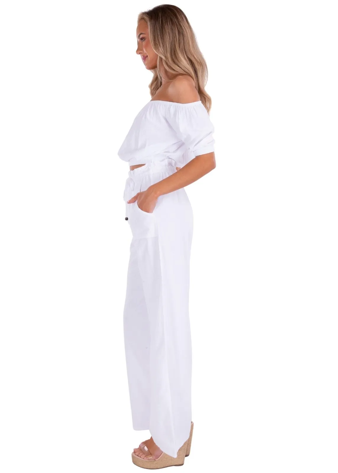 'Valeria' Paperbag Waist Wide Leg Pants White