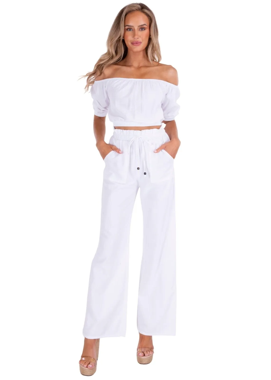 'Valeria' Paperbag Waist Wide Leg Pants White