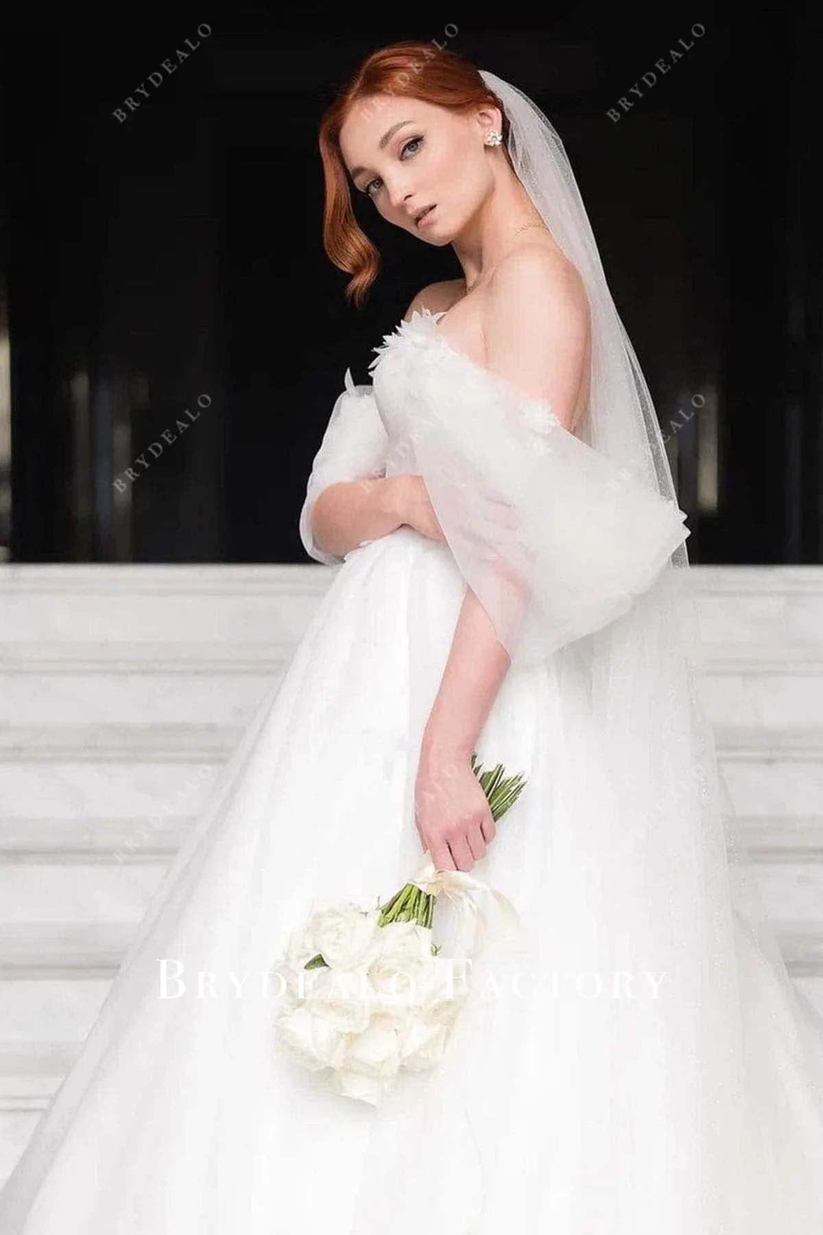 White Tulle Off Shoulder 3D Flowers Wedding Dress