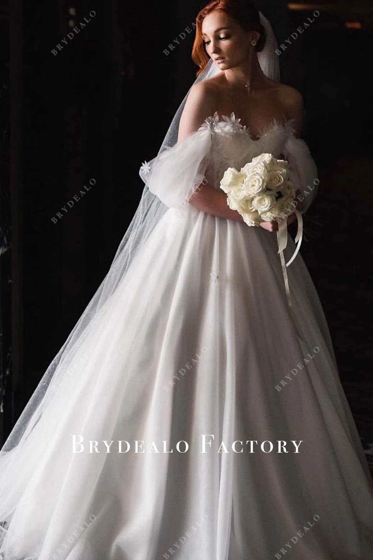 White Tulle Off Shoulder 3D Flowers Wedding Dress