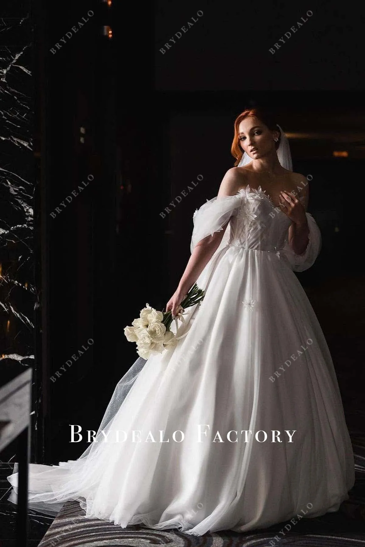 White Tulle Off Shoulder 3D Flowers Wedding Dress