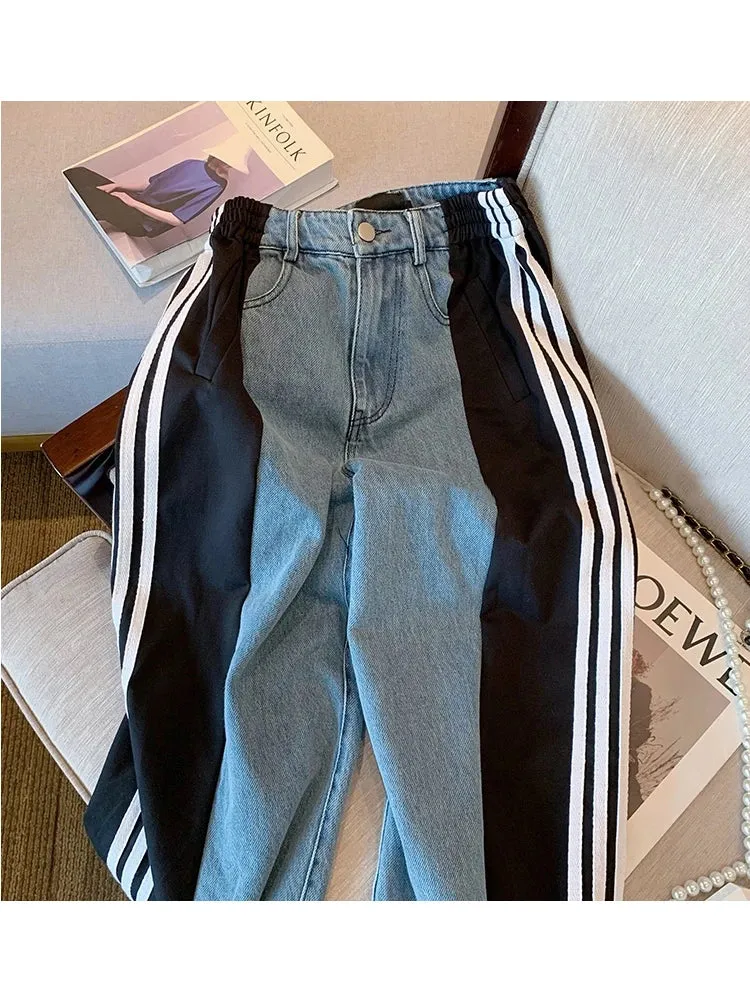 Women American Vintage Loose Striped Patchwork Denim Pants Baggy Jeans Japanese Y2k Streetwear Wide Leg Harajuku Long Trousers