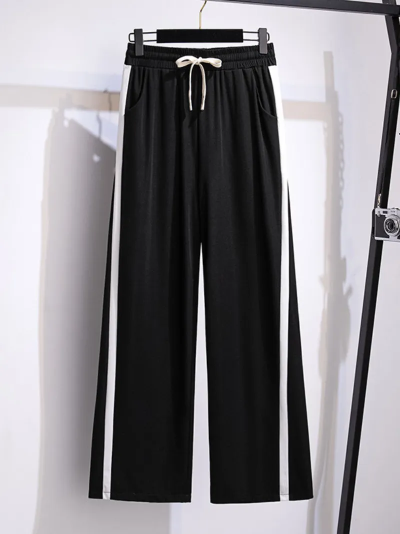 women's cool summer high waist loose black Straight leg trouser pants with pockets