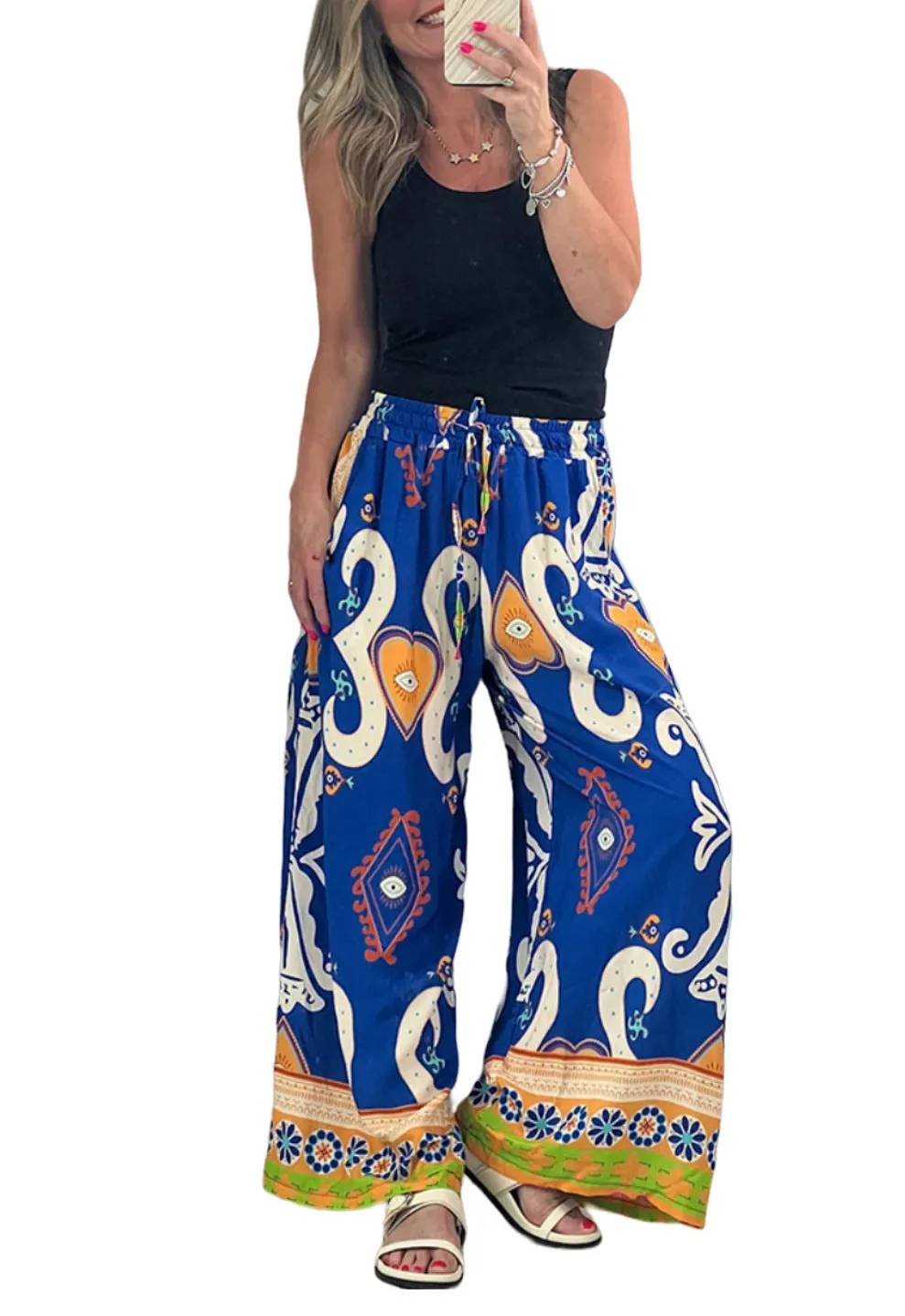 Women's Printed Pocket Loose Wide-leg Pants