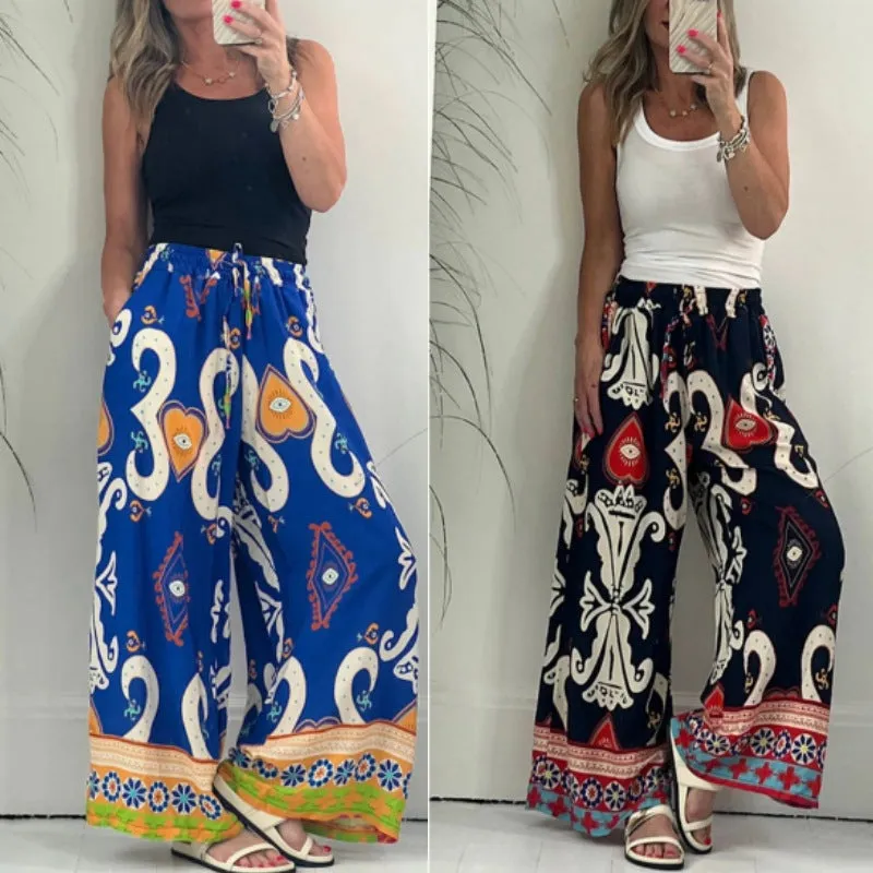 Women's Printed Pocket Loose Wide-leg Pants