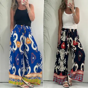 Women's Printed Pocket Loose Wide-leg Pants