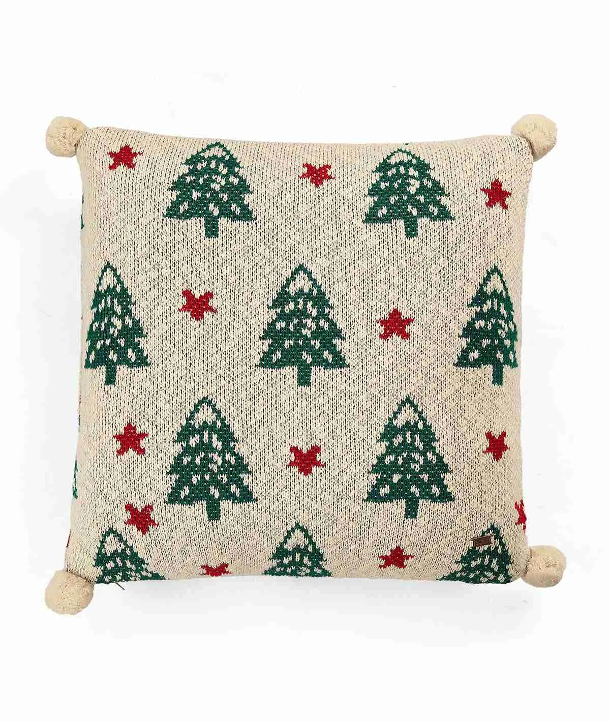 Xmas Tree & Star Cotton Knitted Decorative Green, Red & Natural Color 18 x 18 Inches Cushion Cover